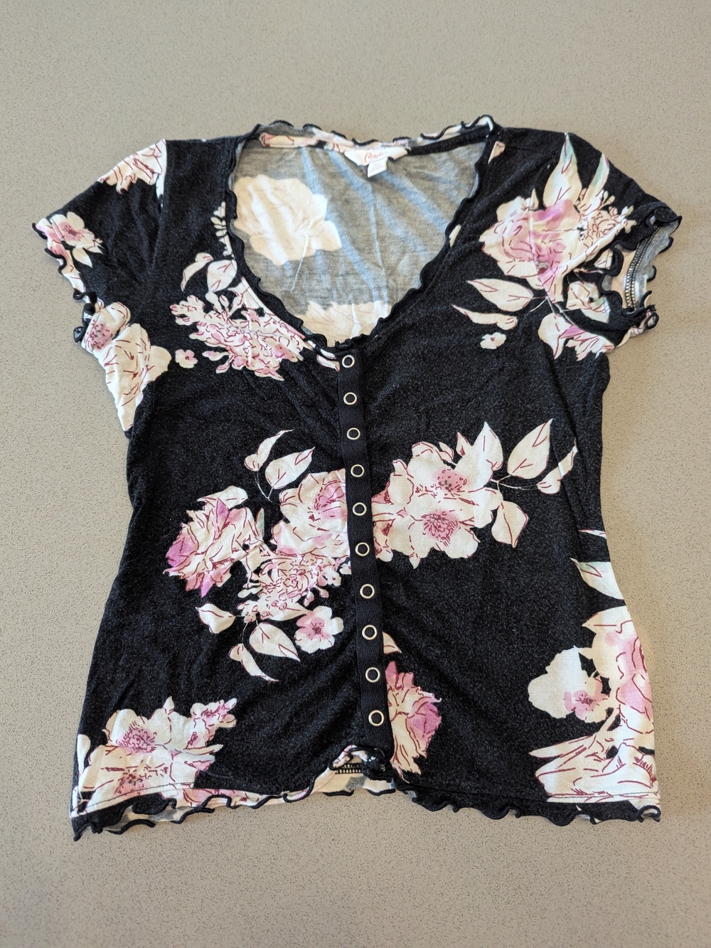 Candie's Black Short-Sleeve Snap Front Top with Pink Floral Print